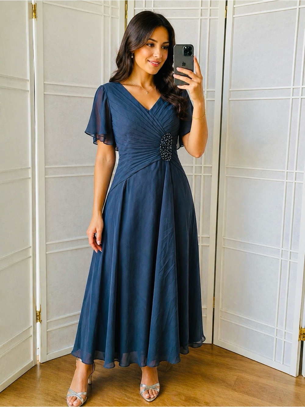 Elegant Navy V-Neck Chiffon Midi Dress with Beaded Waist